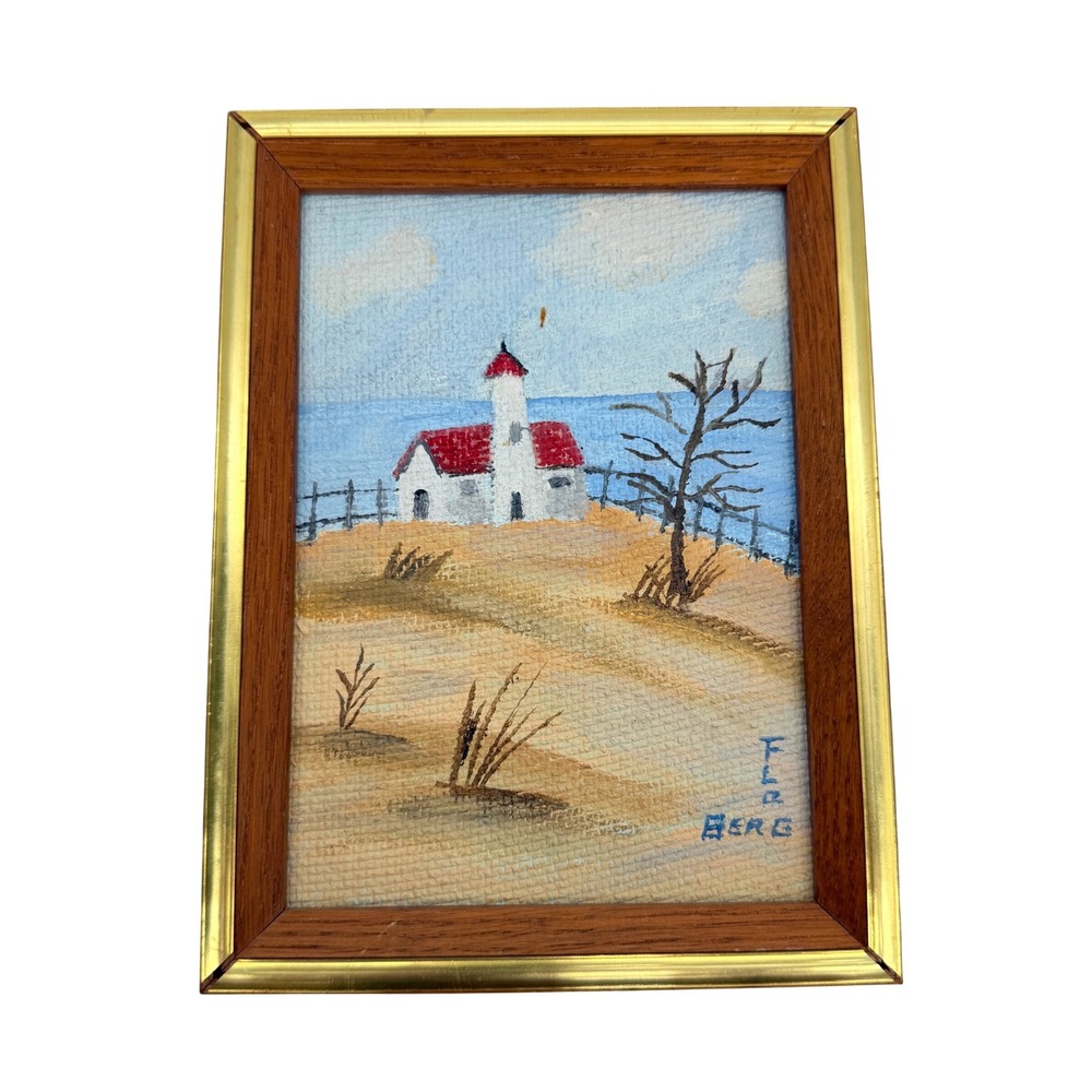 Flo Berg Signed Original Oil Painting Lighthouse Coastal Scene Framed Mini 8x6